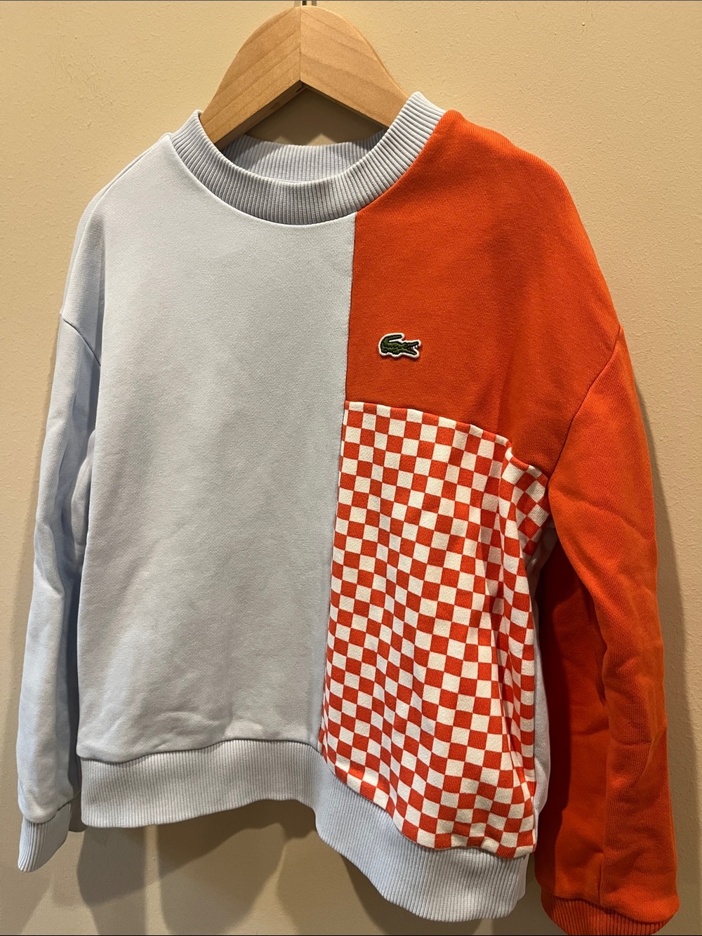 Lacoste Two-Tone Light Blue and Orange Checker Crewneck Sweater